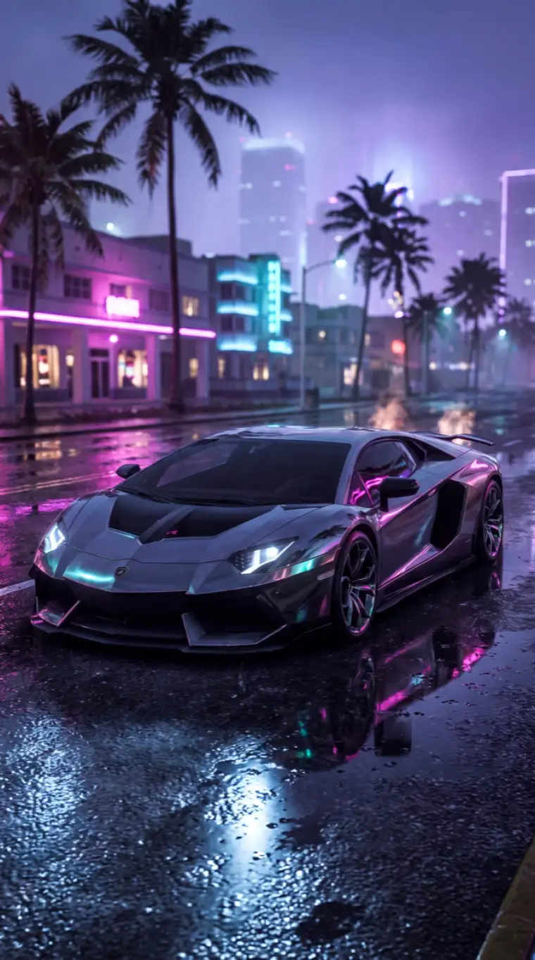 A supercar on a wet neon-lit street, seen through the RYDERZ camera